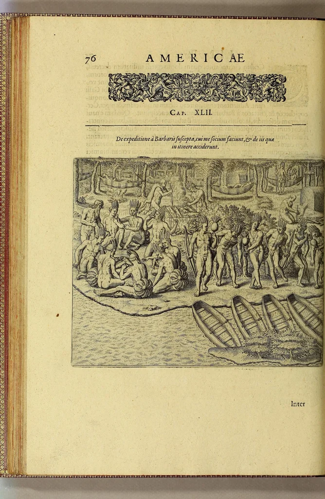 An illustration from Americae tertia pars Memorabile[m] provinciae Brasiliae historiam contine[n]s, Germanico primùm sermone scriptam à Ioa[n]ne Stadio Hombergensi Hesso, nunc autem Latinitate donatam à Teucrio Annaeo Priuato Colchanthe Po: & Med: addita est narratio profectionis Ioannis Lerij in eamdem provinciam, qua[m] ille initio Gallicè conscripsit, postea verò Latinam fecit. : His accessit descriptio morum & ferocitatis incolarum illius regionis, atque colloquium ipsorum idiomate conscriptum., 1597, leaf 114