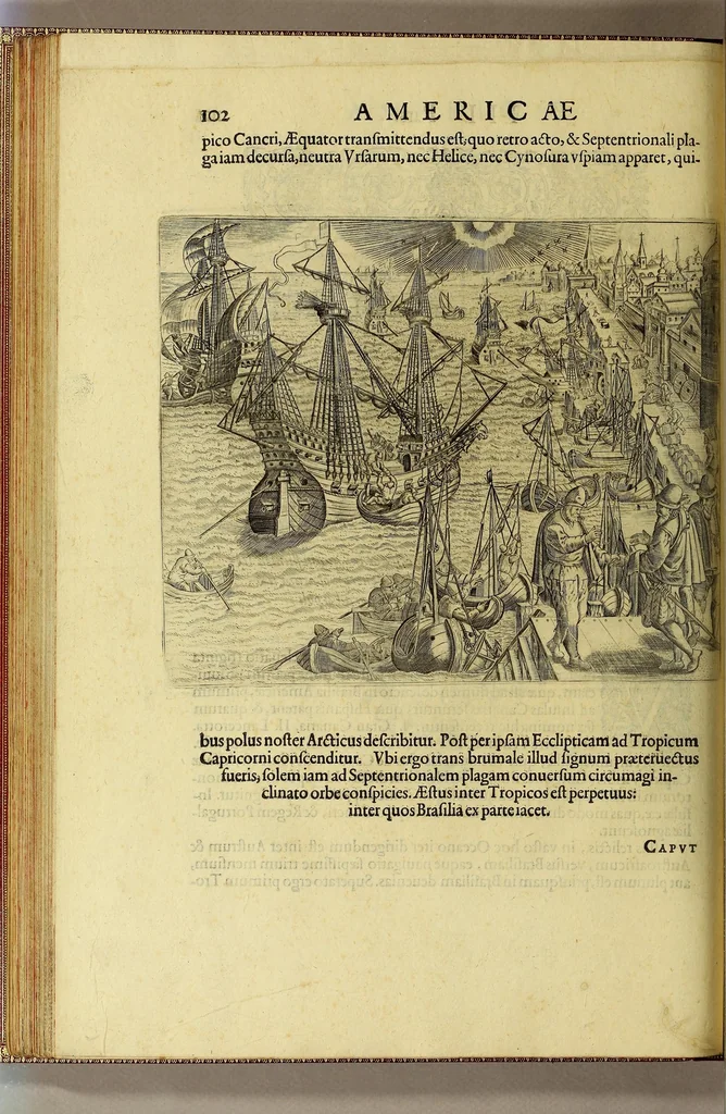 An illustration from Americae tertia pars Memorabile[m] provinciae Brasiliae historiam contine[n]s, Germanico primùm sermone scriptam à Ioa[n]ne Stadio Hombergensi Hesso, nunc autem Latinitate donatam à Teucrio Annaeo Priuato Colchanthe Po: & Med: addita est narratio profectionis Ioannis Lerij in eamdem provinciam, qua[m] ille initio Gallicè conscripsit, postea verò Latinam fecit. : His accessit descriptio morum & ferocitatis incolarum illius regionis, atque colloquium ipsorum idiomate conscriptum., 1597, leaf 144