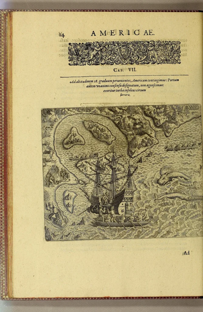 An illustration from Americae tertia pars Memorabile[m] provinciae Brasiliae historiam contine[n]s, Germanico primùm sermone scriptam à Ioa[n]ne Stadio Hombergensi Hesso, nunc autem Latinitate donatam à Teucrio Annaeo Priuato Colchanthe Po: & Med: addita est narratio profectionis Ioannis Lerij in eamdem provinciam, qua[m] ille initio Gallicè conscripsit, postea verò Latinam fecit. : His accessit descriptio morum & ferocitatis incolarum illius regionis, atque colloquium ipsorum idiomate conscriptum., 1597, leaf 44