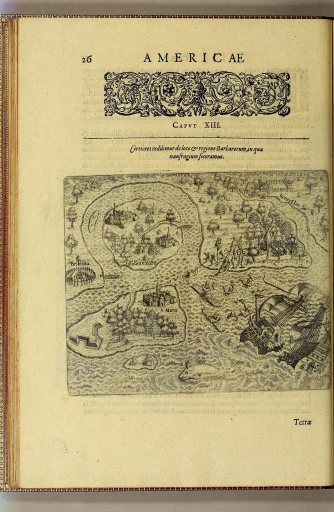 An illustration from Americae tertia pars Memorabile[m] provinciae Brasiliae historiam contine[n]s, Germanico primùm sermone scriptam à Ioa[n]ne Stadio Hombergensi Hesso, nunc autem Latinitate donatam à Teucrio Annaeo Priuato Colchanthe Po: & Med: addita est narratio profectionis Ioannis Lerij in eamdem provinciam, qua[m] ille initio Gallicè conscripsit, postea verò Latinam fecit. : His accessit descriptio morum & ferocitatis incolarum illius regionis, atque colloquium ipsorum idiomate conscriptum., 1597, leaf 58