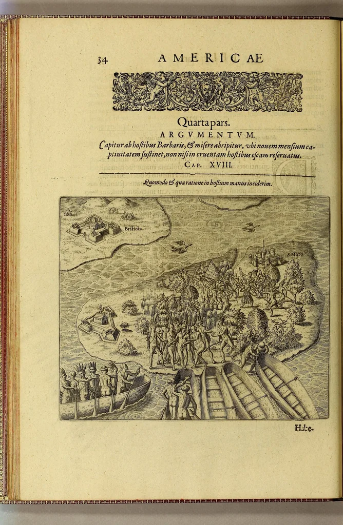 An illustration from Americae tertia pars Memorabile[m] provinciae Brasiliae historiam contine[n]s, Germanico primùm sermone scriptam à Ioa[n]ne Stadio Hombergensi Hesso, nunc autem Latinitate donatam à Teucrio Annaeo Priuato Colchanthe Po: & Med: addita est narratio profectionis Ioannis Lerij in eamdem provinciam, qua[m] ille initio Gallicè conscripsit, postea verò Latinam fecit. : His accessit descriptio morum & ferocitatis incolarum illius regionis, atque colloquium ipsorum idiomate conscriptum., 1597, leaf 66