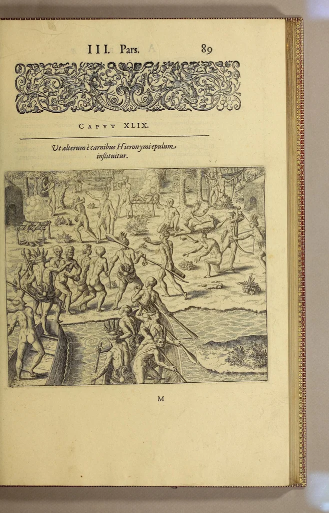 An illustration from Americae tertia pars Memorabile[m] provinciae Brasiliae historiam contine[n]s, Germanico primùm sermone scriptam à Ioa[n]ne Stadio Homburgensi Hesso, nunc autem Latinitate donatam à Teucrio Annaeo Priuato Colchanthe Po: & Med: addita est narratio profectionis Ioannis Lerij in eamdem provinciam, qua[m] ille initio Gallicè conscripsit, postea verò Latinam fecit. : His accessit descriptio morum & ferocitatis incolarum illius regionis, atque colloquium ipsorum idiomate conscriptum., 1592, leaf 127