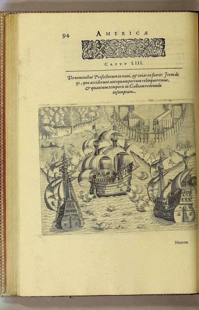 An illustration from Americae tertia pars Memorabile[m] provinciae Brasiliae historiam contine[n]s, Germanico primùm sermone scriptam à Ioa[n]ne Stadio Homburgensi Hesso, nunc autem Latinitate donatam à Teucrio Annaeo Priuato Colchanthe Po: & Med: addita est narratio profectionis Ioannis Lerij in eamdem provinciam, qua[m] ille initio Gallicè conscripsit, postea verò Latinam fecit. : His accessit descriptio morum & ferocitatis incolarum illius regionis, atque colloquium ipsorum idiomate conscriptum., 1592, leaf 134