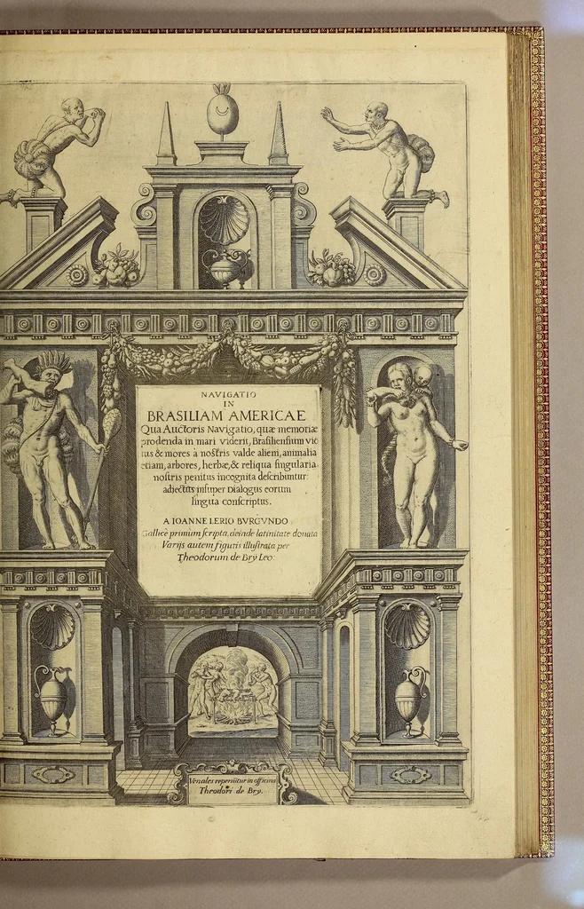An illustration from Americae tertia pars Memorabile[m] provinciae Brasiliae historiam contine[n]s, Germanico primùm sermone scriptam à Ioa[n]ne Stadio Homburgensi Hesso, nunc autem Latinitate donatam à Teucrio Annaeo Priuato Colchanthe Po: & Med: addita est narratio profectionis Ioannis Lerij in eamdem provinciam, qua[m] ille initio Gallicè conscripsit, postea verò Latinam fecit. : His accessit descriptio morum & ferocitatis incolarum illius regionis, atque colloquium ipsorum idiomate conscriptum., 1592, leaf 175