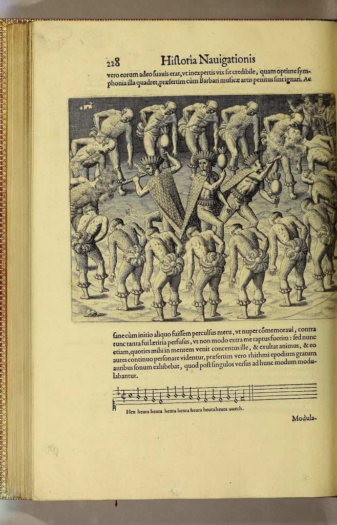 An illustration from Americae tertia pars Memorabile[m] provinciae Brasiliae historiam contine[n]s, Germanico primùm sermone scriptam à Ioa[n]ne Stadio Homburgensi Hesso, nunc autem Latinitate donatam à Teucrio Annaeo Priuato Colchanthe Po: & Med: addita est narratio profectionis Ioannis Lerij in eamdem provinciam, qua[m] ille initio Gallicè conscripsit, postea verò Latinam fecit. : His accessit descriptio morum & ferocitatis incolarum illius regionis, atque colloquium ipsorum idiomate conscriptum., 1592, leaf 268