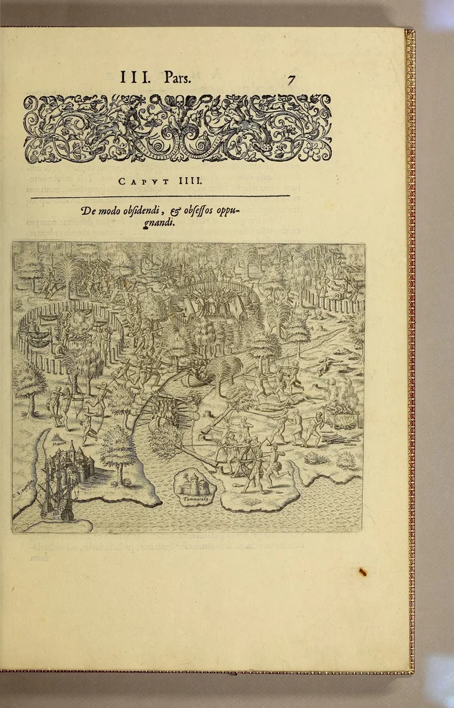 An illustration from Americae tertia pars Memorabile[m] provinciae Brasiliae historiam contine[n]s, Germanico primùm sermone scriptam à Ioa[n]ne Stadio Homburgensi Hesso, nunc autem Latinitate donatam à Teucrio Annaeo Priuato Colchanthe Po: & Med: addita est narratio profectionis Ioannis Lerij in eamdem provinciam, qua[m] ille initio Gallicè conscripsit, postea verò Latinam fecit. : His accessit descriptio morum & ferocitatis incolarum illius regionis, atque colloquium ipsorum idiomate conscriptum., 1592, leaf 41