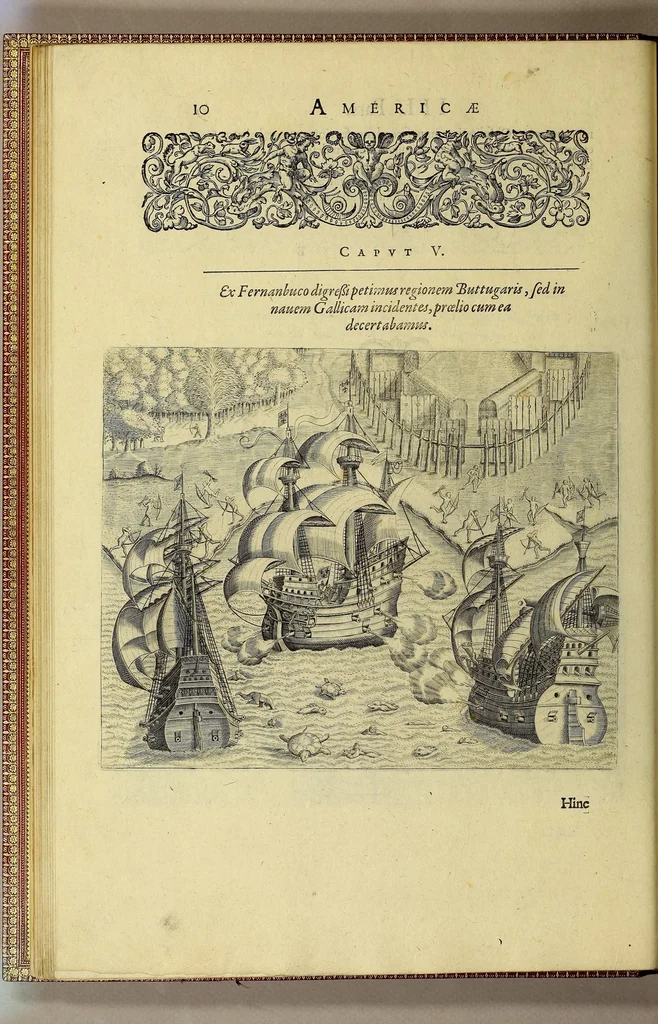 An illustration from Americae tertia pars Memorabile[m] provinciae Brasiliae historiam contine[n]s, Germanico primùm sermone scriptam à Ioa[n]ne Stadio Homburgensi Hesso, nunc autem Latinitate donatam à Teucrio Annaeo Priuato Colchanthe Po: & Med: addita est narratio profectionis Ioannis Lerij in eamdem provinciam, qua[m] ille initio Gallicè conscripsit, postea verò Latinam fecit. : His accessit descriptio morum & ferocitatis incolarum illius regionis, atque colloquium ipsorum idiomate conscriptum., 1592, leaf 46