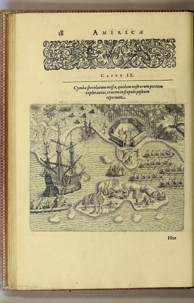An illustration from Americae tertia pars Memorabile[m] provinciae Brasiliae historiam contine[n]s, Germanico primùm sermone scriptam à Ioa[n]ne Stadio Homburgensi Hesso, nunc autem Latinitate donatam à Teucrio Annaeo Priuato Colchanthe Po: & Med: addita est narratio profectionis Ioannis Lerij in eamdem provinciam, qua[m] ille initio Gallicè conscripsit, postea verò Latinam fecit. : His accessit descriptio morum & ferocitatis incolarum illius regionis, atque colloquium ipsorum idiomate conscriptum., 1592, leaf 56