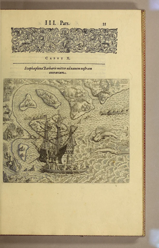 An illustration from Americae tertia pars Memorabile[m] provinciae Brasiliae historiam contine[n]s, Germanico primùm sermone scriptam à Ioa[n]ne Stadio Homburgensi Hesso, nunc autem Latinitate donatam à Teucrio Annaeo Priuato Colchanthe Po: & Med: addita est narratio profectionis Ioannis Lerij in eamdem provinciam, qua[m] ille initio Gallicè conscripsit, postea verò Latinam fecit. : His accessit descriptio morum & ferocitatis incolarum illius regionis, atque colloquium ipsorum idiomate conscriptum., 1592, leaf 59