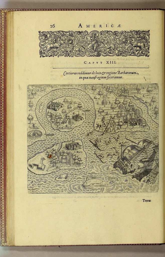An illustration from Americae tertia pars Memorabile[m] provinciae Brasiliae historiam contine[n]s, Germanico primùm sermone scriptam à Ioa[n]ne Stadio Homburgensi Hesso, nunc autem Latinitate donatam à Teucrio Annaeo Priuato Colchanthe Po: & Med: addita est narratio profectionis Ioannis Lerij in eamdem provinciam, qua[m] ille initio Gallicè conscripsit, postea verò Latinam fecit. : His accessit descriptio morum & ferocitatis incolarum illius regionis, atque colloquium ipsorum idiomate conscriptum., 1592, leaf 64