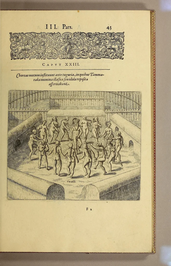 An illustration from Americae tertia pars Memorabile[m] provinciae Brasiliae historiam contine[n]s, Germanico primùm sermone scriptam à Ioa[n]ne Stadio Homburgensi Hesso, nunc autem Latinitate donatam à Teucrio Annaeo Priuato Colchanthe Po: & Med: addita est narratio profectionis Ioannis Lerij in eamdem provinciam, qua[m] ille initio Gallicè conscripsit, postea verò Latinam fecit. : His accessit descriptio morum & ferocitatis incolarum illius regionis, atque colloquium ipsorum idiomate conscriptum., 1592, leaf 81