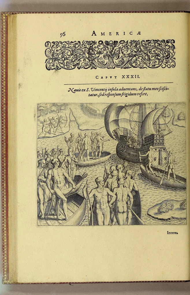 An illustration from Americae tertia pars Memorabile[m] provinciae Brasiliae historiam contine[n]s, Germanico primùm sermone scriptam à Ioa[n]ne Stadio Homburgensi Hesso, nunc autem Latinitate donatam à Teucrio Annaeo Priuato Colchanthe Po: & Med: addita est narratio profectionis Ioannis Lerij in eamdem provinciam, qua[m] ille initio Gallicè conscripsit, postea verò Latinam fecit. : His accessit descriptio morum & ferocitatis incolarum illius regionis, atque colloquium ipsorum idiomate conscriptum., 1592, leaf 94