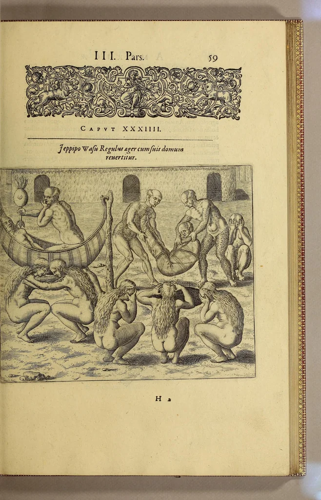 An illustration from Americae tertia pars Memorabile[m] provinciae Brasiliae historiam contine[n]s, Germanico primùm sermone scriptam à Ioa[n]ne Stadio Homburgensi Hesso, nunc autem Latinitate donatam à Teucrio Annaeo Priuato Colchanthe Po: & Med: addita est narratio profectionis Ioannis Lerij in eamdem provinciam, qua[m] ille initio Gallicè conscripsit, postea verò Latinam fecit. : His accessit descriptio morum & ferocitatis incolarum illius regionis, atque colloquium ipsorum idiomate conscriptum., 1592, leaf 97