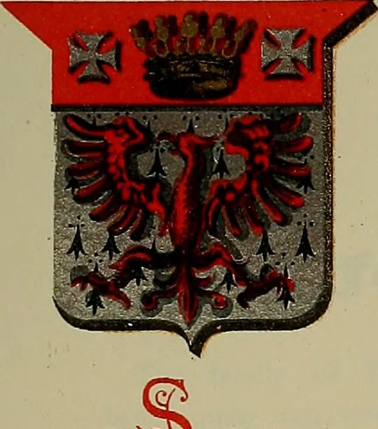 An illustration from America heraldica : a compilation of coats of arms, crests and mottoes of prominent American families settled in this country before 1800, 1889, leaf 108
