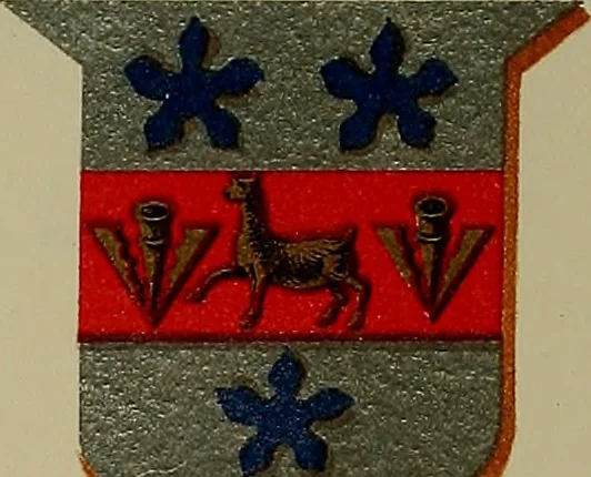 An illustration from America heraldica : a compilation of coats of arms, crests and mottoes of prominent American families settled in this country before 1800, 1889, leaf 34