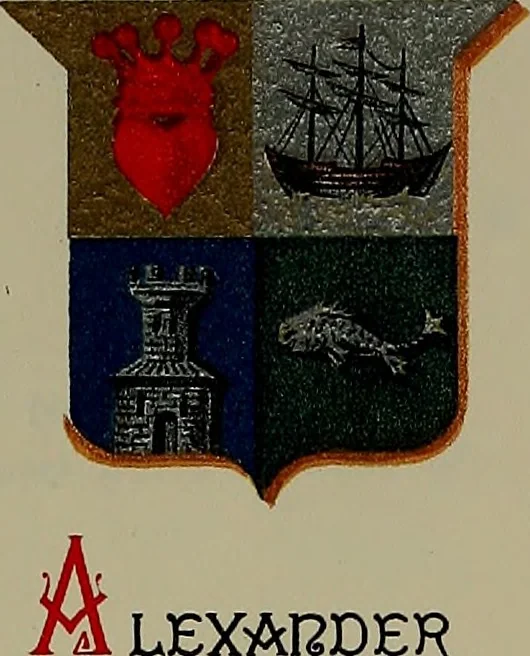 An illustration from America heraldica : a compilation of coats of arms, crests and mottoes of prominent American families settled in this country before 1800, 1889, leaf 42