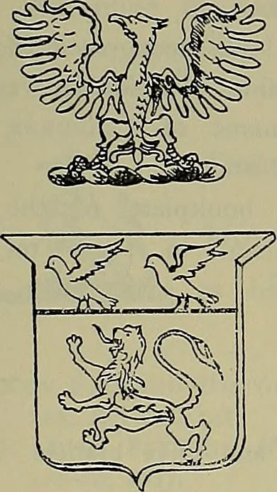 An illustration from America heraldica : a compilation of coats of arms, crests and mottoes of prominent American families settled in this country before 1800, 1889, leaf 92