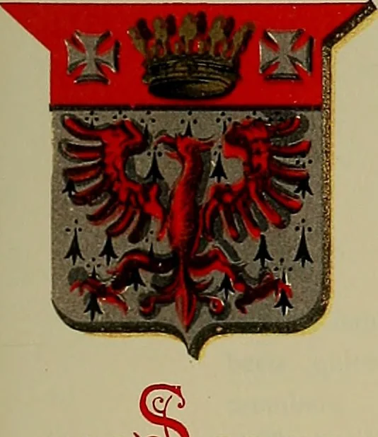 An illustration from America heraldica : a compilation of coats of arms, crests and mottoes of prominent American families settled in this country before 1800, 1887, leaf 106