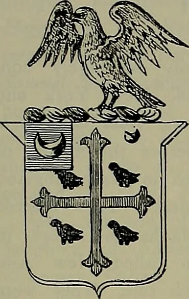 An illustration from America heraldica : a compilation of coats of arms, crests and mottoes of prominent American families settled in this country before 1800, 1887, leaf 186