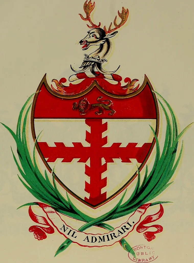 An illustration from America heraldica : a compilation of coats of arms, crests and mottoes of prominent American families settled in this country before 1800, 1887, leaf 8