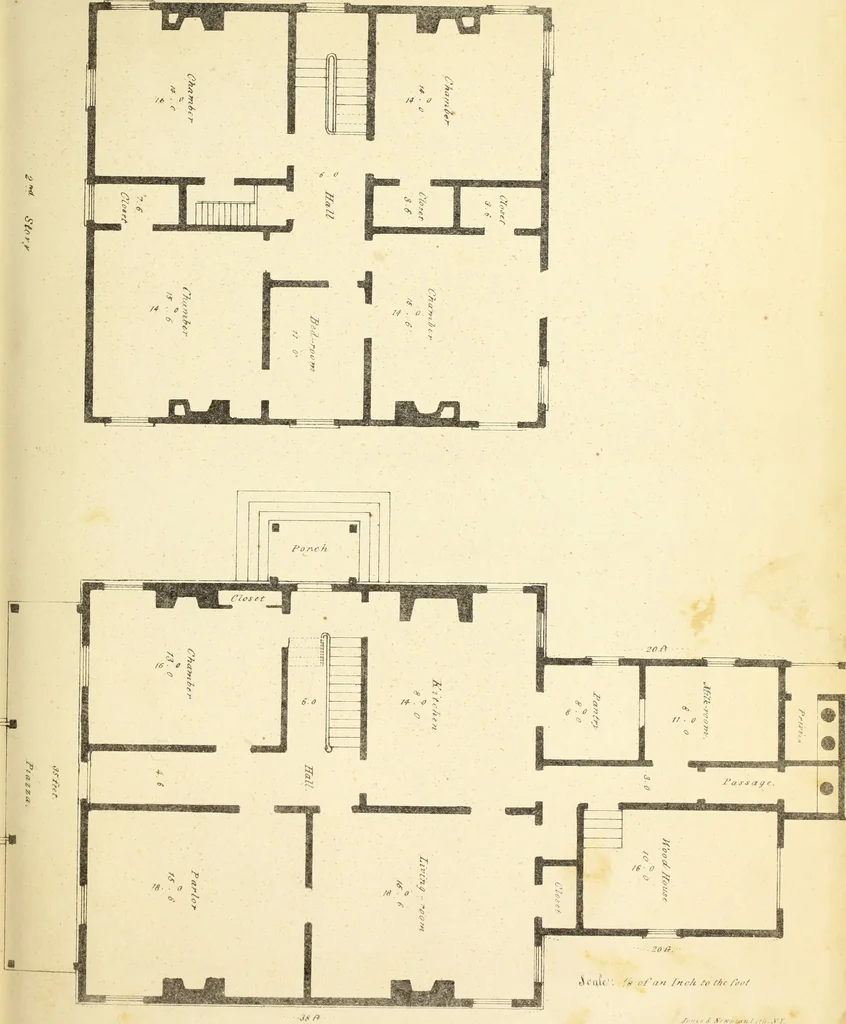 An illustration from The American architect : comprising original designs of cheap country and village residences, with details, specifications, plans and directions, and an estimate of the cost of each design, 1849, leaf 38