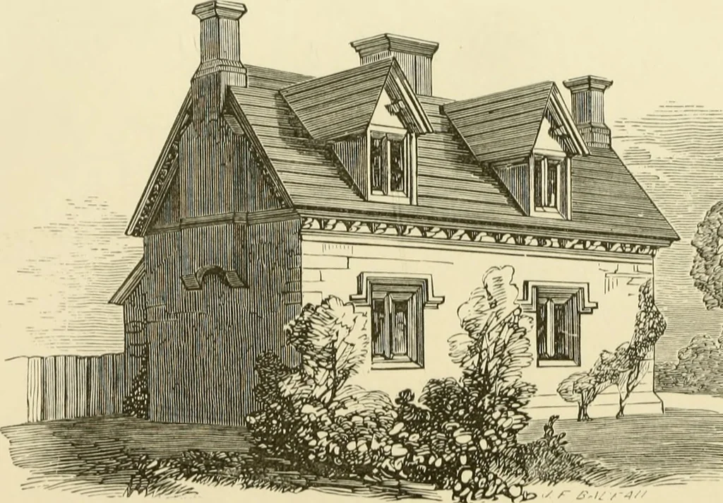 An illustration from The American cottage builder : a series of designs, plans, and specifications, from $200 to $20,000, for homes for the people ; together with warming, ventilation, drainage, painting and landscape gardening, 1876, leaf 68