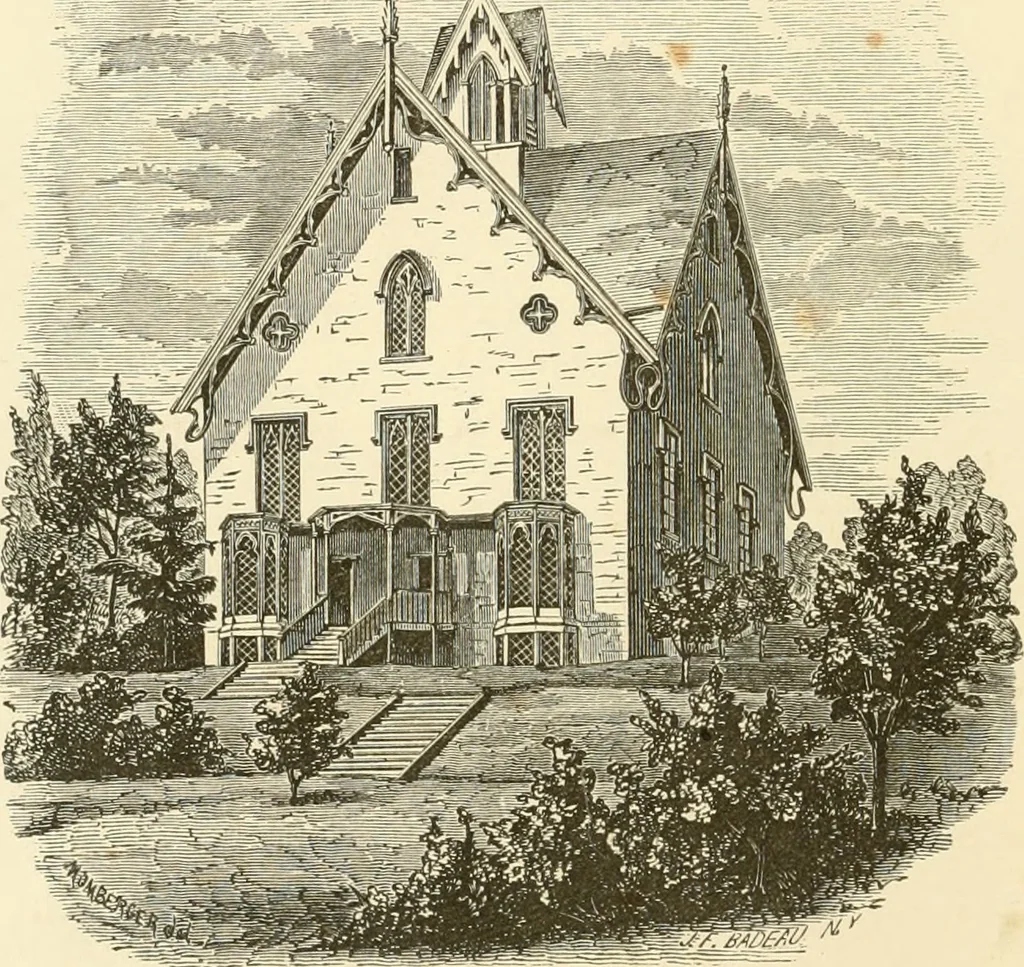 An illustration from The American cottage builder : a series of designs, plans, and specifications, from $200 to $20,000, for homes for the people ; together with warming, ventilation, drainage, painting and landscape gardening, 1876, leaf 7