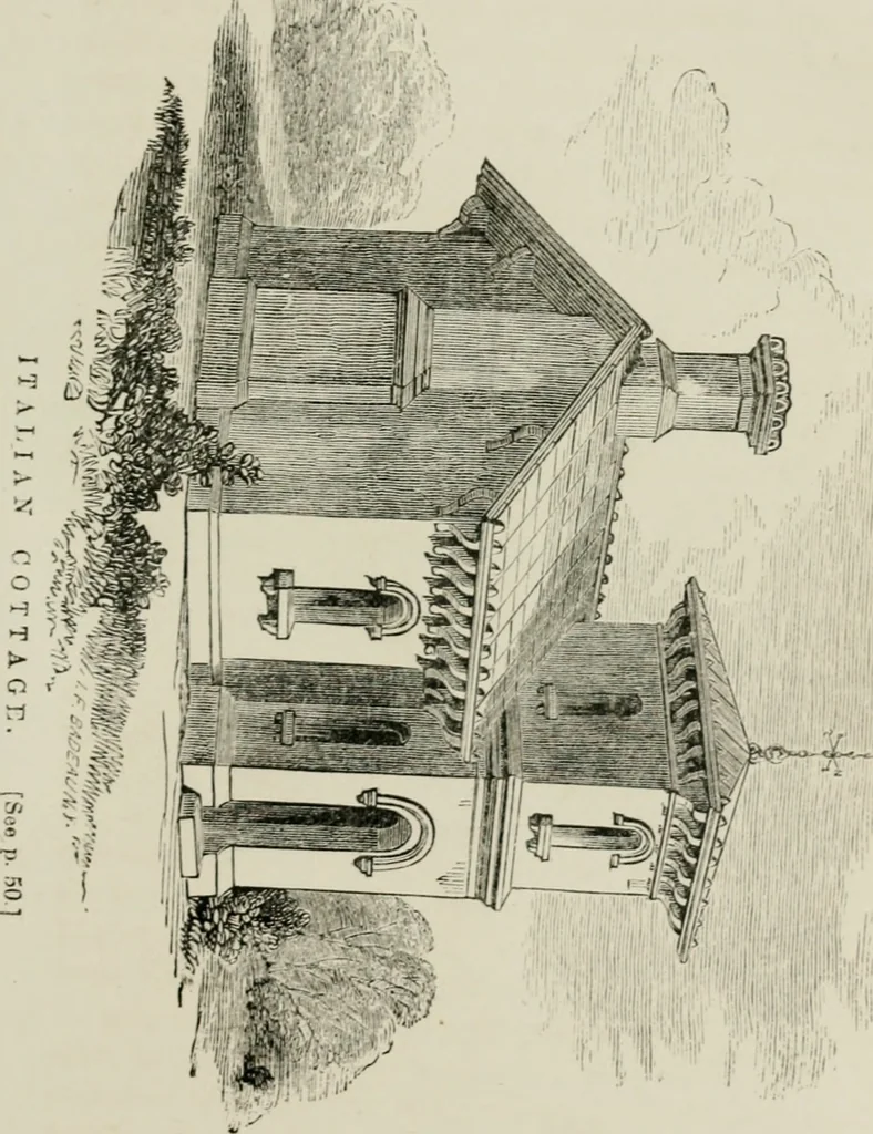 An illustration from The American cottage builder: a series of designs, plans, and specifications, from $200 to $20,000. For homes for the people. Together with warming, ventilation, drainage, painting, and landscape gardening, 1854, leaf 108