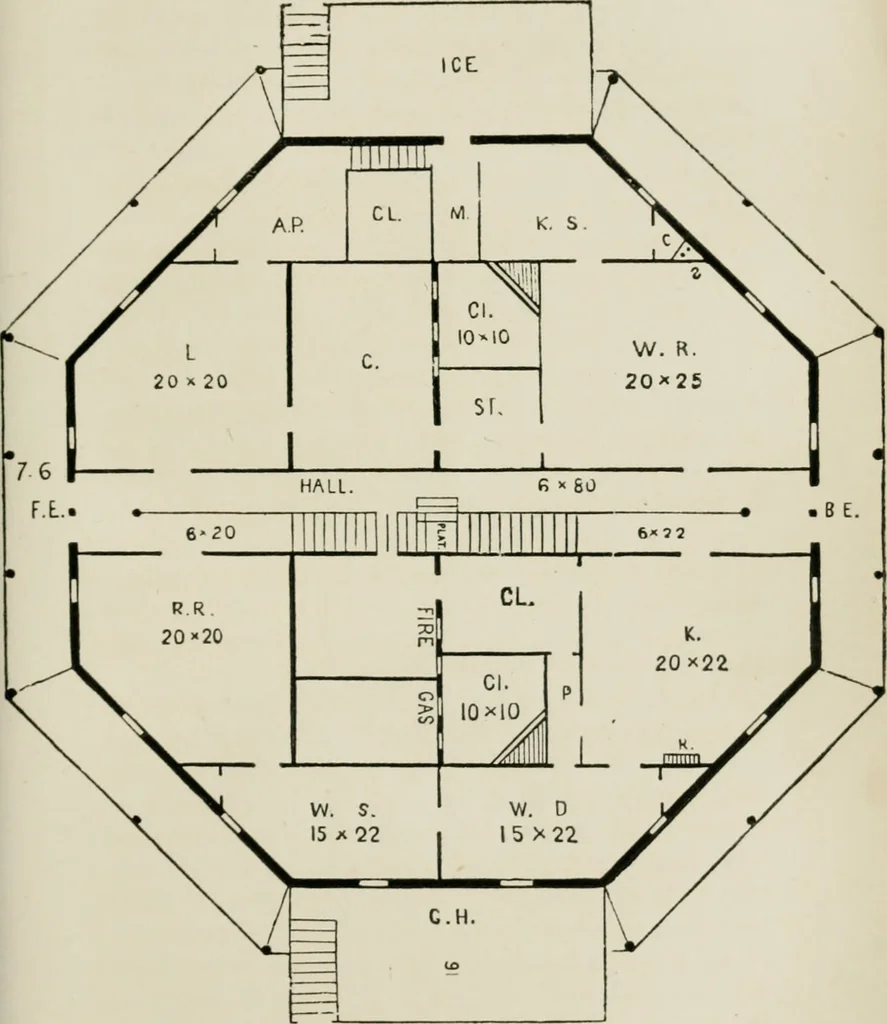 An illustration from The American cottage builder: a series of designs, plans, and specifications, from $200 to $20,000. For homes for the people. Together with warming, ventilation, drainage, painting, and landscape gardening, 1854, leaf 214