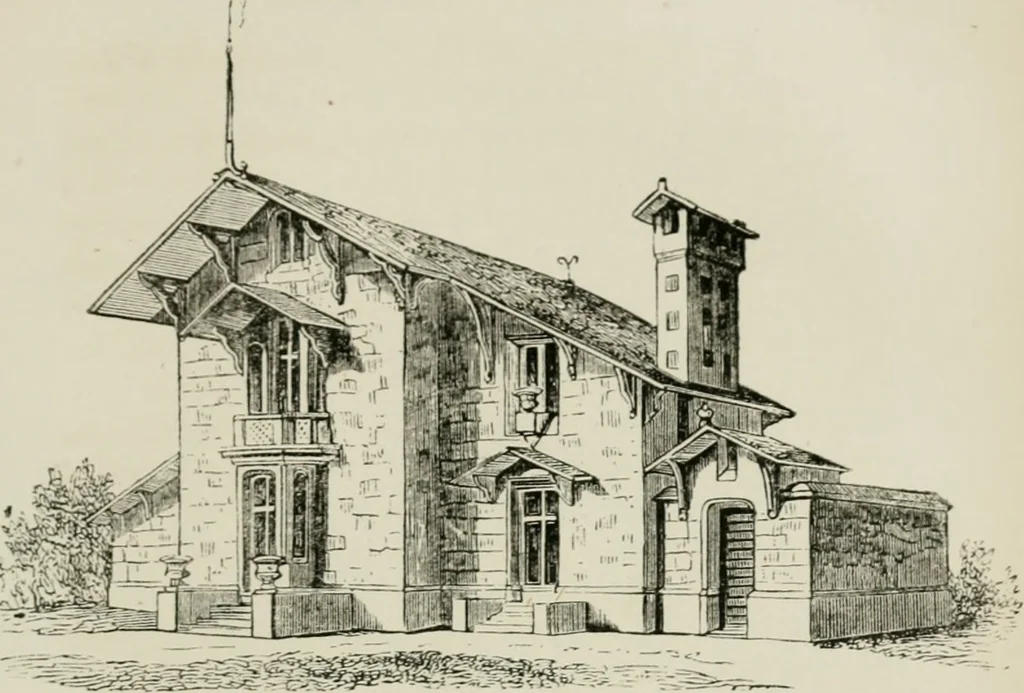 An illustration from The American cottage builder: a series of designs, plans, and specifications, from $200 to $20,000. For homes for the people. Together with warming, ventilation, drainage, painting, and landscape gardening, 1854, leaf 230