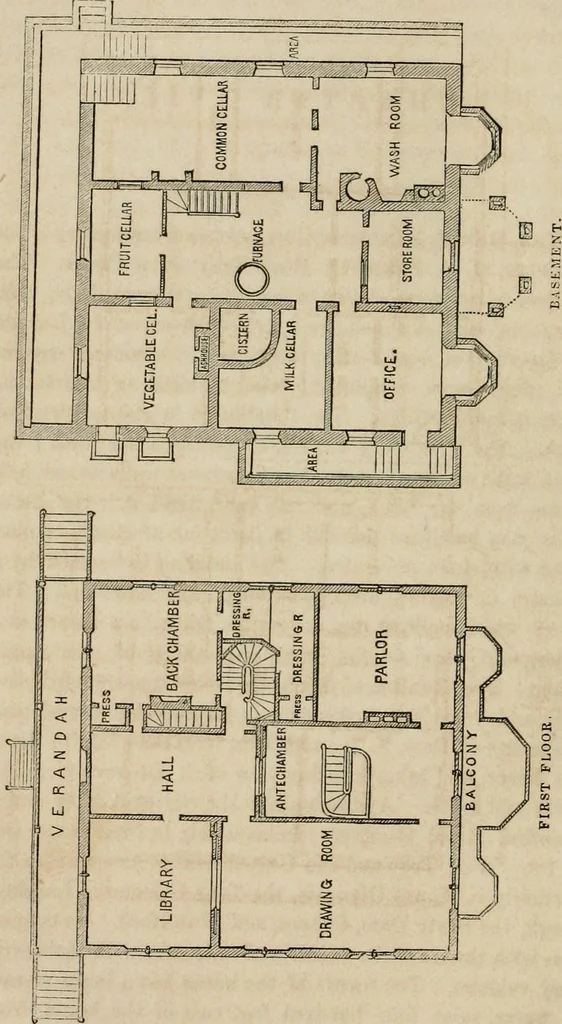 An illustration from The American cottage builder: a series of designs, plans, and specifications, from $200 to $20,000. For homes for the people. Together with warming, ventilation, drainage, painting, and landscape gardening, 1854, leaf 269