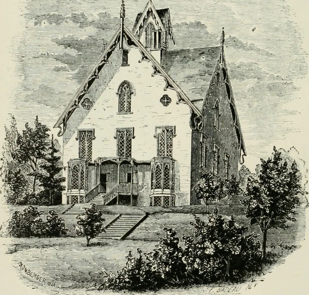 An illustration from The American cottage builder: a series of designs, plans, and specifications, from $200 to $20,000. For homes for the people. Together with warming, ventilation, drainage, painting, and landscape gardening, 1854, leaf 7