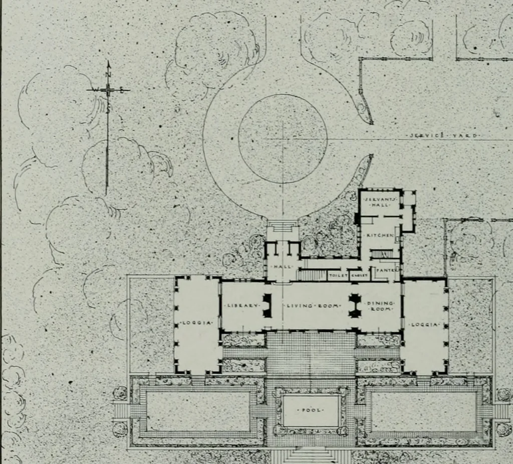 An illustration from American country houses of to-day; an illustrated account of some excellent houses built and gardens planted during the last few years, showing unmistakable influence of the modern trend in ideals architectural, 1915, leaf 151