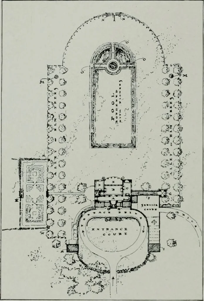 An illustration from American country houses of to-day; an illustrated account of some excellent houses built and gardens planted during the last few years, showing unmistakable influence of the modern trend in ideals architectural, 1915, leaf 219