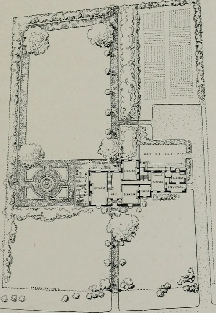 An illustration from American country houses of to-day; an illustrated account of some excellent houses built and gardens planted during the last few years, showing unmistakable influence of the modern trend in ideals architectural, 1915, leaf 256