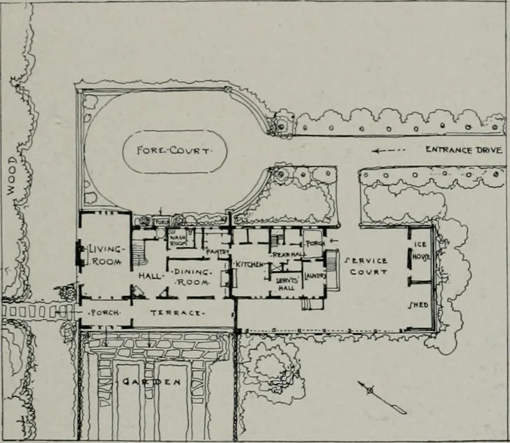 An illustration from American country houses of to-day; an illustrated account of some excellent houses built and gardens planted during the last few years, showing unmistakable influence of the modern trend in ideals architectural, 1915, leaf 54