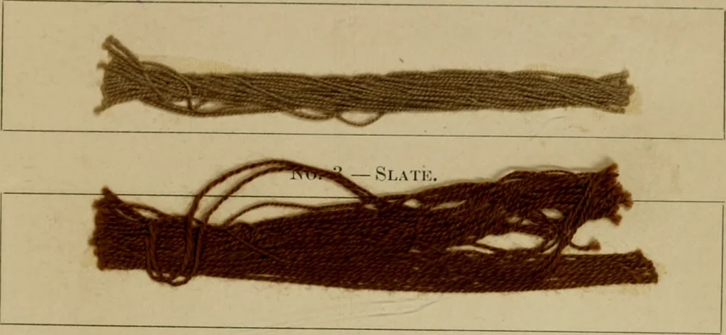 An illustration from The American dyer, (enlarged and revised) : a practical treatise on the coloring of wool, cotton, yarn and cloth, also, calico-printing ... containing seventy samples of wool, cotton yarn, and cloth; sample of black on raw cotton, colored at one operation; embracing, in all, over four hundred recipes, 1878, leaf 610