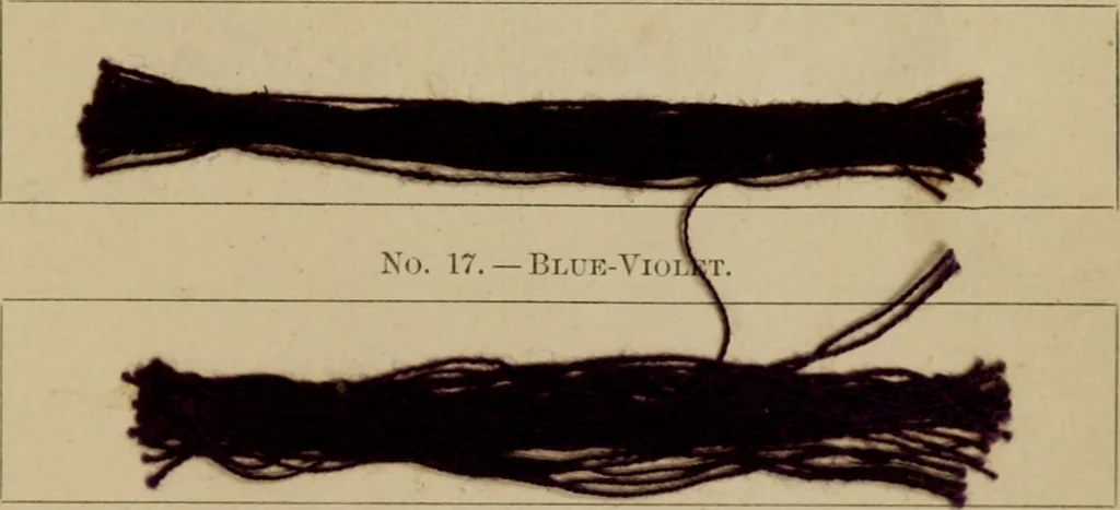 An illustration from The American dyer, (enlarged and revised) : a practical treatise on the coloring of wool, cotton, yarn and cloth, also, calico-printing ... containing seventy samples of wool, cotton yarn, and cloth; sample of black on raw cotton, colored at one operation; embracing, in all, over four hundred recipes, 1878, leaf 614