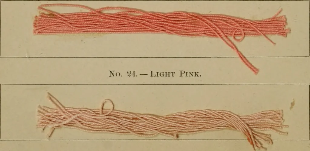 An illustration from The American dyer, (enlarged and revised) : a practical treatise on the coloring of wool, cotton, yarn and cloth, also, calico-printing ... containing seventy samples of wool, cotton yarn, and cloth; sample of black on raw cotton, colored at one operation; embracing, in all, over four hundred recipes, 1878, leaf 615