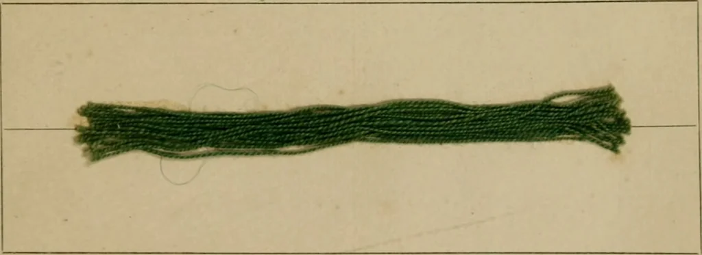 An illustration from The American dyer, (enlarged and revised) : a practical treatise on the coloring of wool, cotton, yarn and cloth, also, calico-printing ... containing seventy samples of wool, cotton yarn, and cloth; sample of black on raw cotton, colored at one operation; embracing, in all, over four hundred recipes, 1878, leaf 622