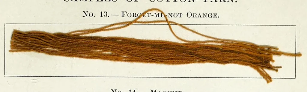 An illustration from The American dyer, (enlarged and revised) : a practical treatise on the coloring of wool, cotton, yarn and cloth, also, calico-printing ... containing seventy samples of wool, cotton yarn, and cloth; sample of black on raw cotton, colored at one operation; embracing, in all, over four hundred recipes, 1878, leaf 629