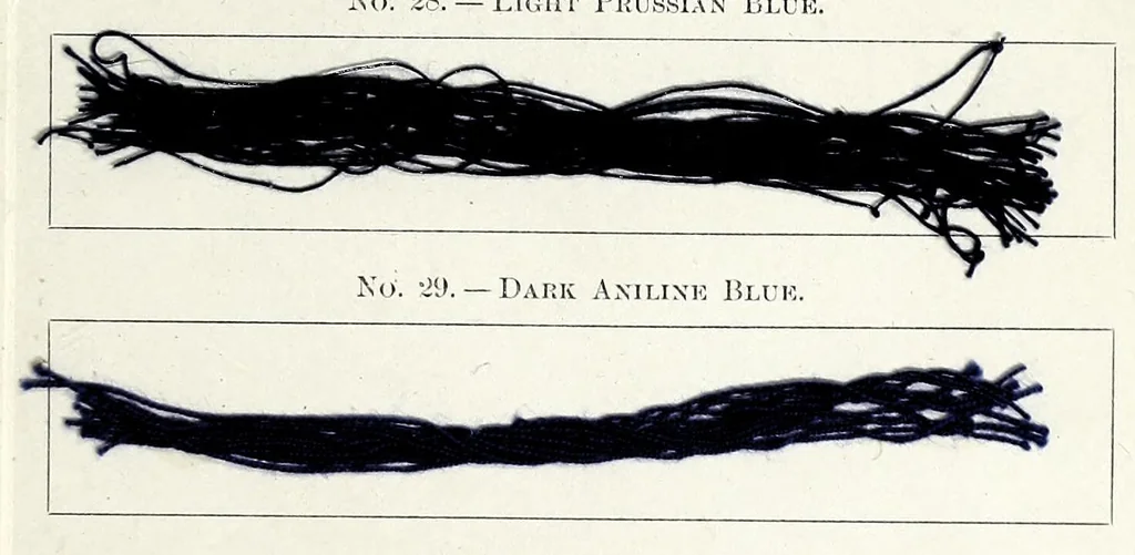 An illustration from The American dyer, (enlarged and revised) : a practical treatise on the coloring of wool, cotton, yarn and cloth, also, calico-printing ... containing seventy samples of wool, cotton yarn, and cloth; sample of black on raw cotton, colored at one operation; embracing, in all, over four hundred recipes, 1878, leaf 637