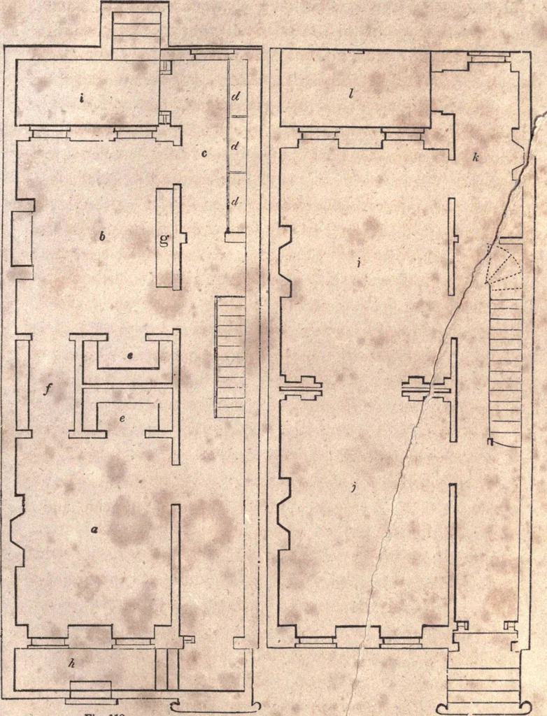 An illustration from The American house-carpenter; a treatise upon architecture, cornices and mouldings, framing, doors, windows, and stairs. Together with the most important principles of practical geometry, 1852, leaf 108