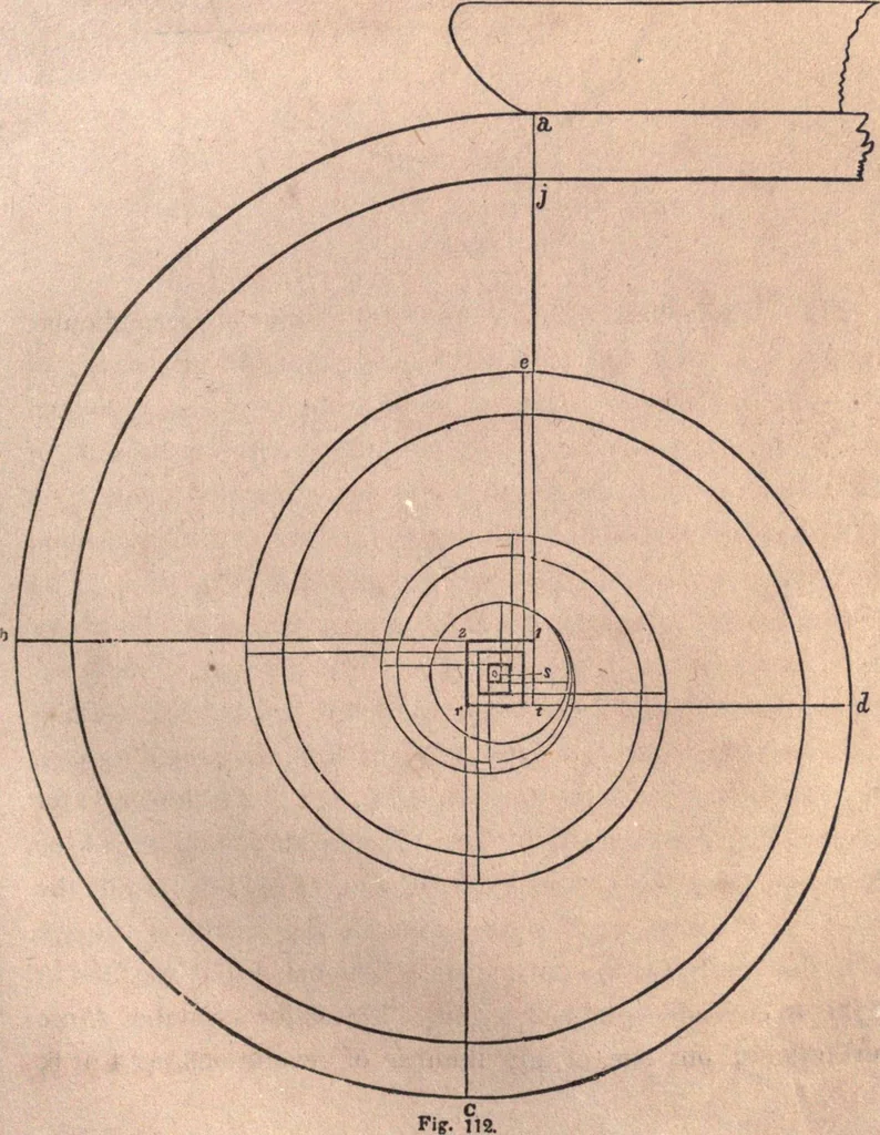 An illustration from The American house-carpenter; a treatise upon architecture, cornices and mouldings, framing, doors, windows, and stairs. Together with the most important principles of practical geometry, 1852, leaf 96