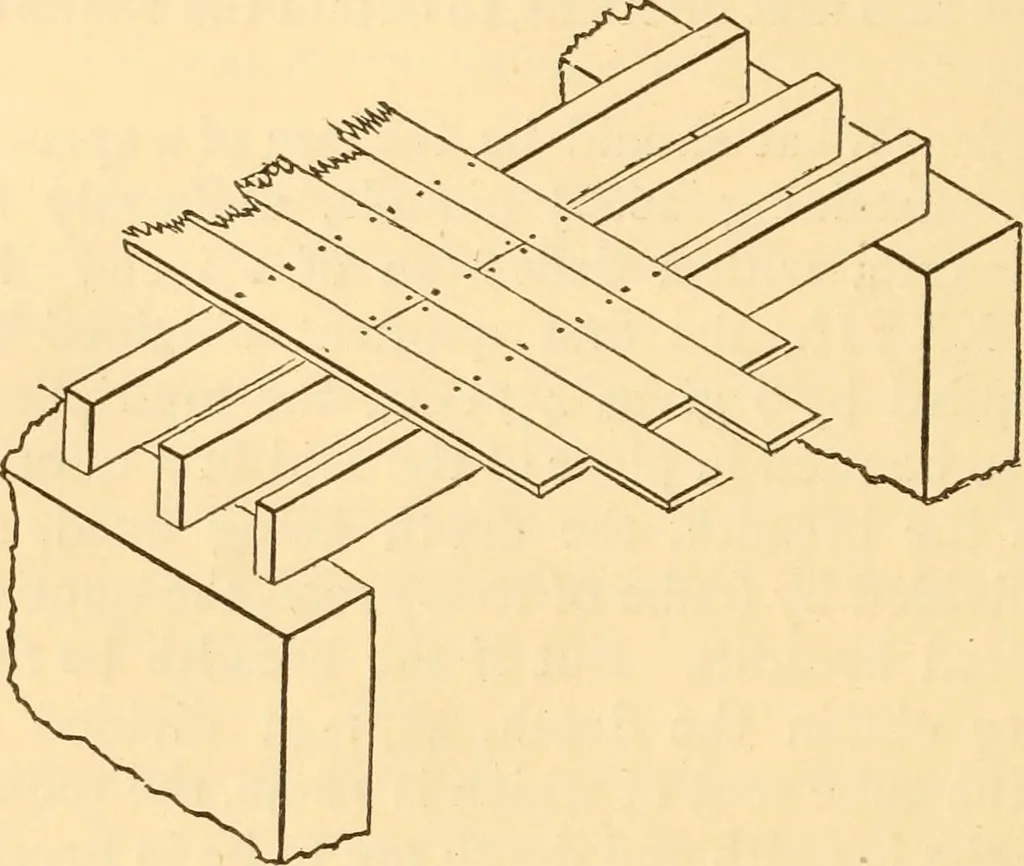 An illustration from The American house carpenter. A treatise on the art of building. Comprising styles of architecture, strength of materials, and the theory and practice of the construction of floors, framed girders, roof trusses, rolled-iron beams, tubular-iron girders, cast-iron girders, stairs, doors, windows, mouldings, and cornices; together with a compend of mathematics. A manual for the practical use of architects, carpenters, stair-builders, and others, 1880, leaf 161
