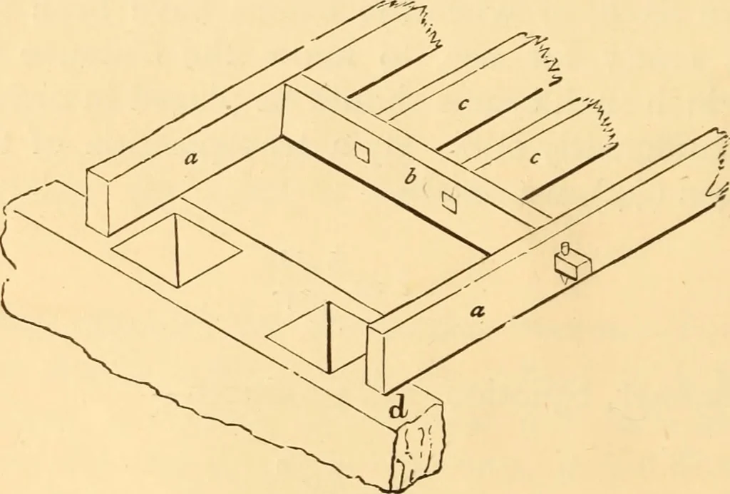 An illustration from The American house carpenter. A treatise on the art of building. Comprising styles of architecture, strength of materials, and the theory and practice of the construction of floors, framed girders, roof trusses, rolled-iron beams, tubular-iron girders, cast-iron girders, stairs, doors, windows, mouldings, and cornices; together with a compend of mathematics. A manual for the practical use of architects, carpenters, stair-builders, and others, 1880, leaf 167