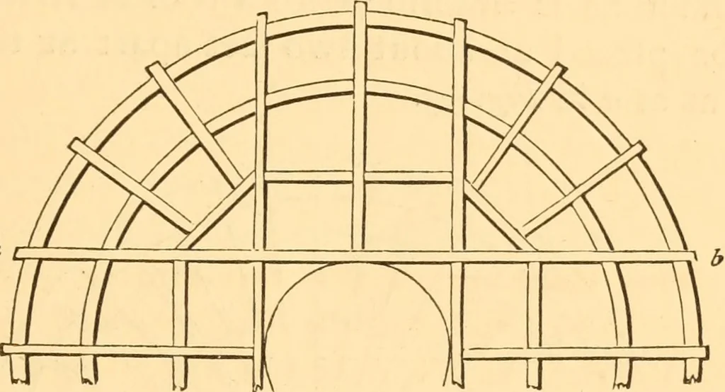 An illustration from The American house carpenter. A treatise on the art of building. Comprising styles of architecture, strength of materials, and the theory and practice of the construction of floors, framed girders, roof trusses, rolled-iron beams, tubular-iron girders, cast-iron girders, stairs, doors, windows, mouldings, and cornices; together with a compend of mathematics. A manual for the practical use of architects, carpenters, stair-builders, and others, 1880, leaf 254