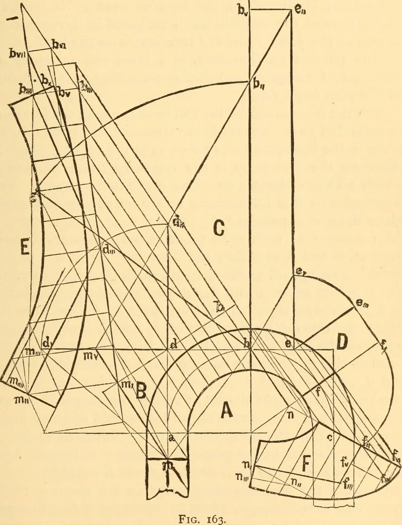 An illustration from The American house carpenter. A treatise on the art of building. Comprising styles of architecture, strength of materials, and the theory and practice of the construction of floors, framed girders, roof trusses, rolled-iron beams, tubular-iron girders, cast-iron girders, stairs, doors, windows, mouldings, and cornices; together with a compend of mathematics. A manual for the practical use of architects, carpenters, stair-builders, and others, 1880, leaf 330