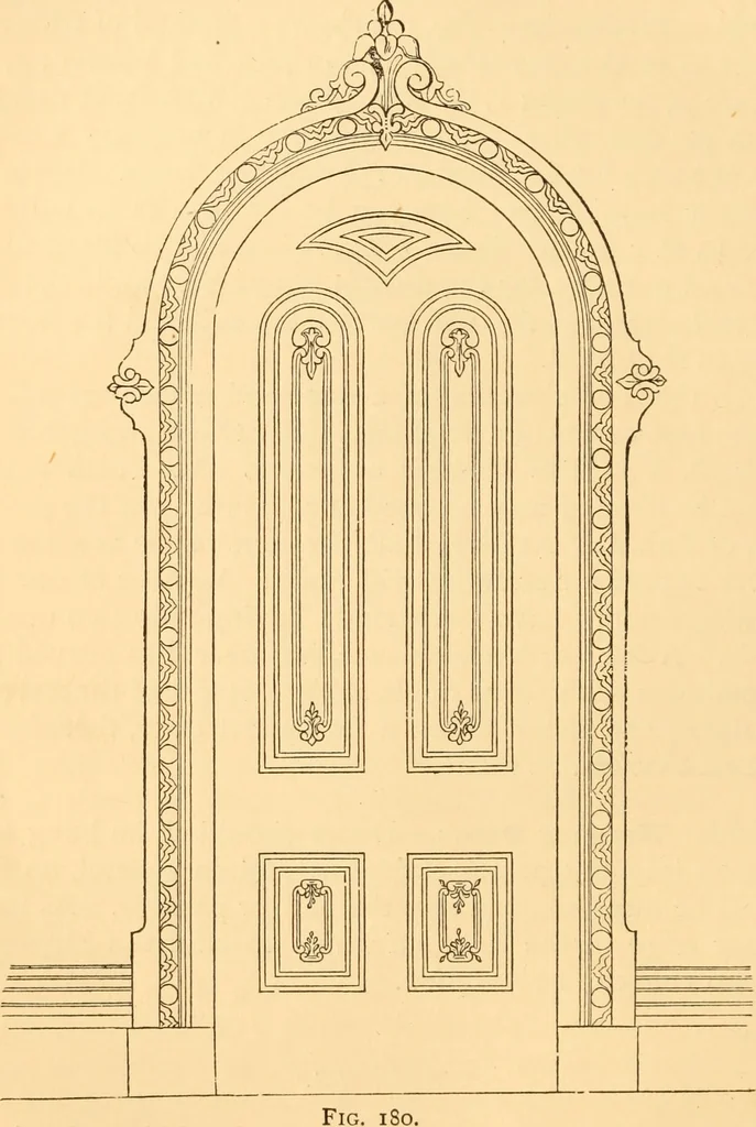An illustration from The American house carpenter. A treatise on the art of building. Comprising styles of architecture, strength of materials, and the theory and practice of the construction of floors, framed girders, roof trusses, rolled-iron beams, tubular-iron girders, cast-iron girders, stairs, doors, windows, mouldings, and cornices; together with a compend of mathematics. A manual for the practical use of architects, carpenters, stair-builders, and others, 1880, leaf 359