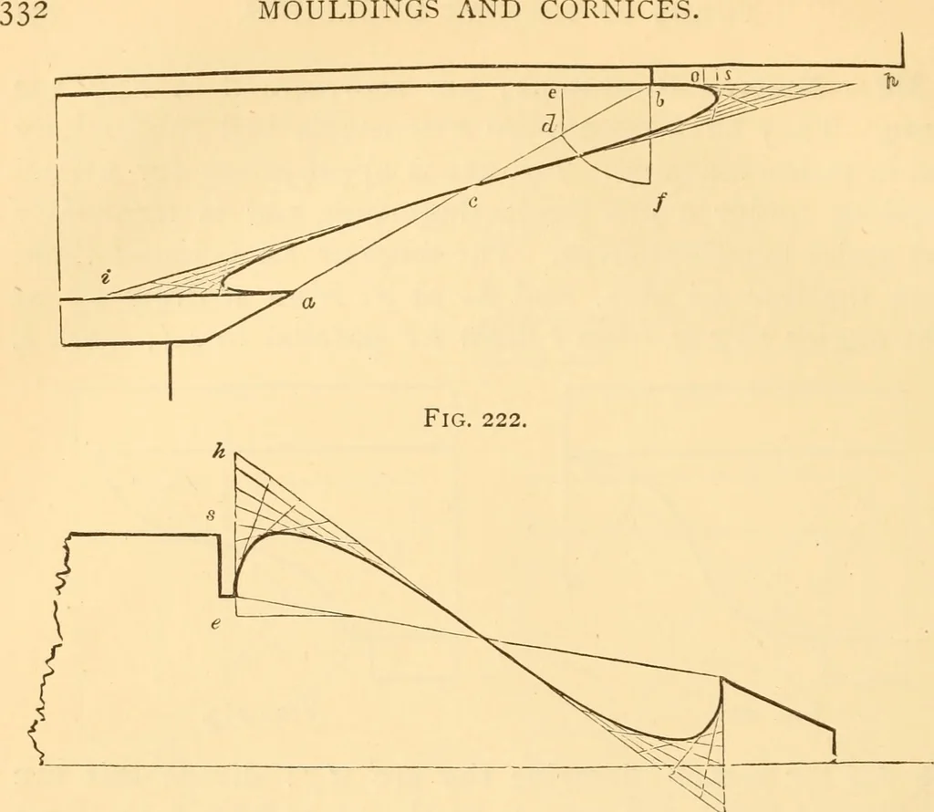 An illustration from The American house carpenter. A treatise on the art of building. Comprising styles of architecture, strength of materials, and the theory and practice of the construction of floors, framed girders, roof trusses, rolled-iron beams, tubular-iron girders, cast-iron girders, stairs, doors, windows, mouldings, and cornices; together with a compend of mathematics. A manual for the practical use of architects, carpenters, stair-builders, and others, 1880, leaf 375